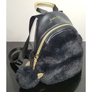 Kendall & Kylie Faux Fur Cat Pom Pom Mini Backpack Bag Black/Gold Chic Sassy